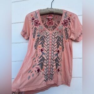 Johnny Was Peach Orange Embroidered Stretch Top Floral Garden Sz S e3